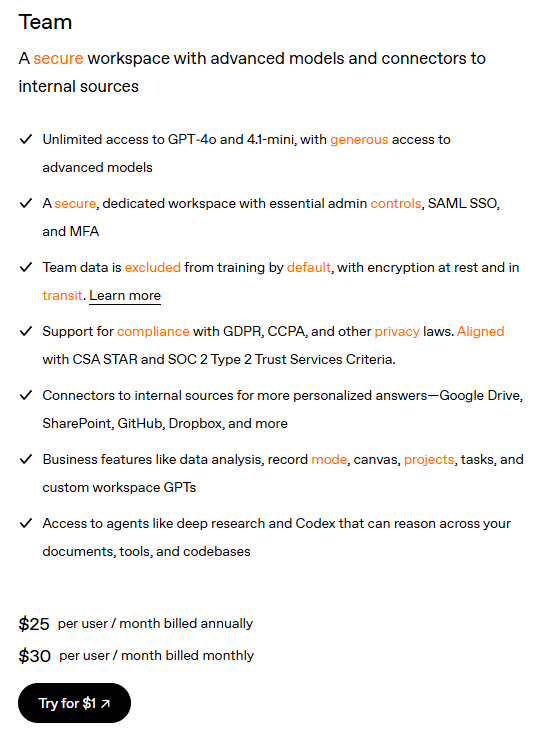 ChatGPT 1$Team 试用 付款教程